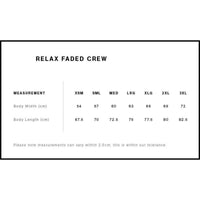 Size chart for 'Relax Faded Crew' clothing with measurement details.