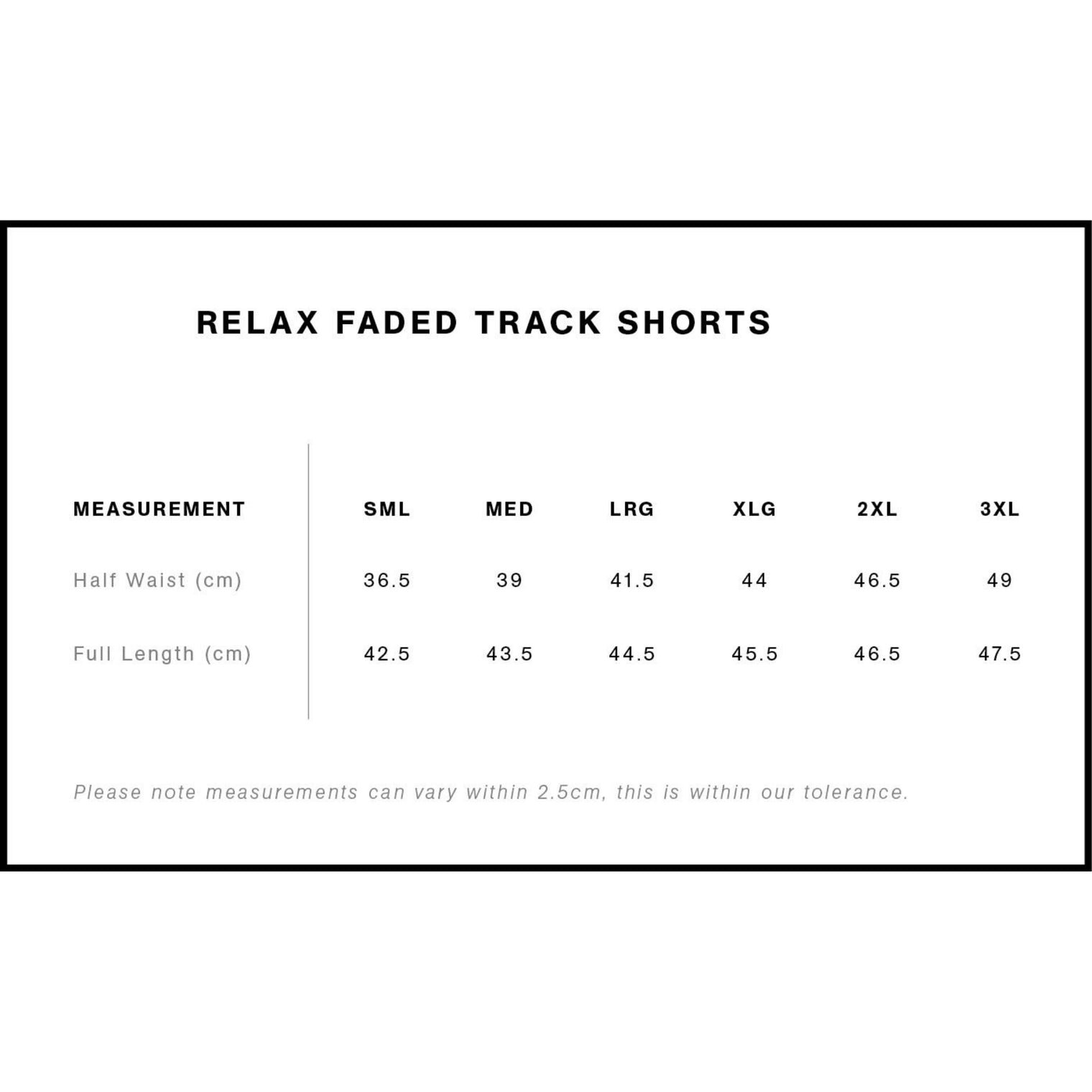 Measurement chart for Relax Faded Track Shorts with size options and dimensions.