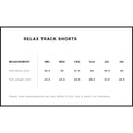 Size chart for relax track shorts with measurements in centimeters.