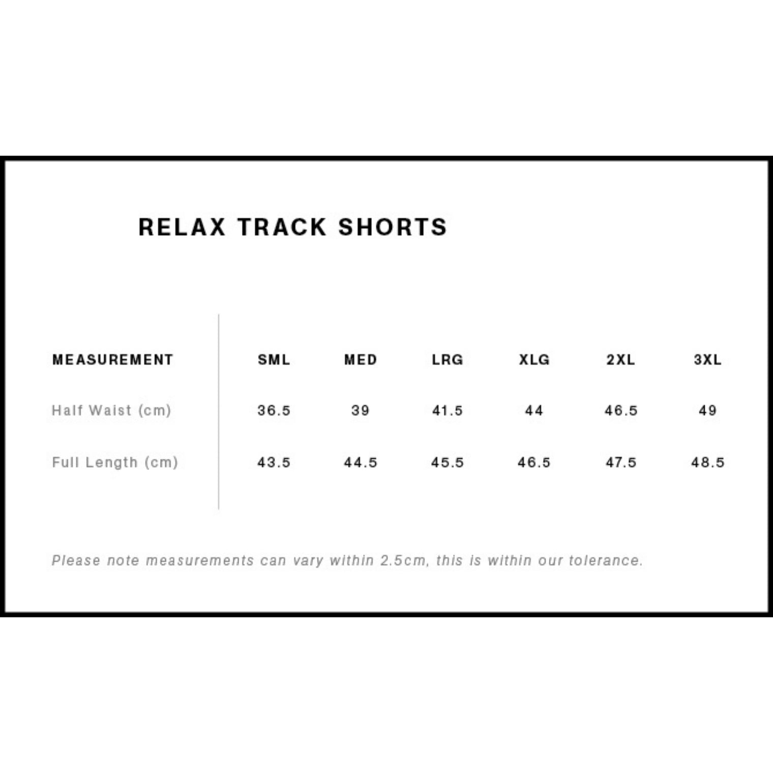 Size chart for relax track shorts with measurements in centimeters.