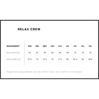 Size chart for 'Relax Crew' clothing with measurement details.