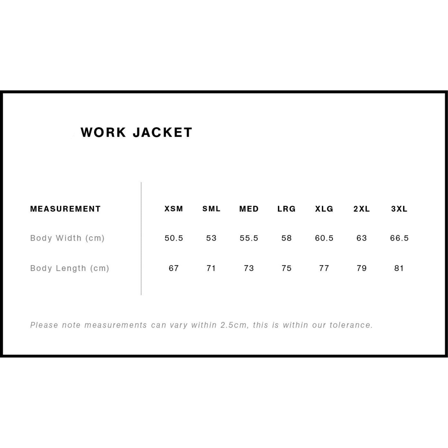 Measurement chart for work jacket with size ranges and dimensions.