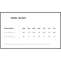 Measurement chart for work jacket with size ranges and dimensions.