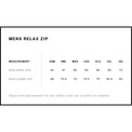 Measurement chart for 'Mens Relax Zip' clothing with size dimensions.