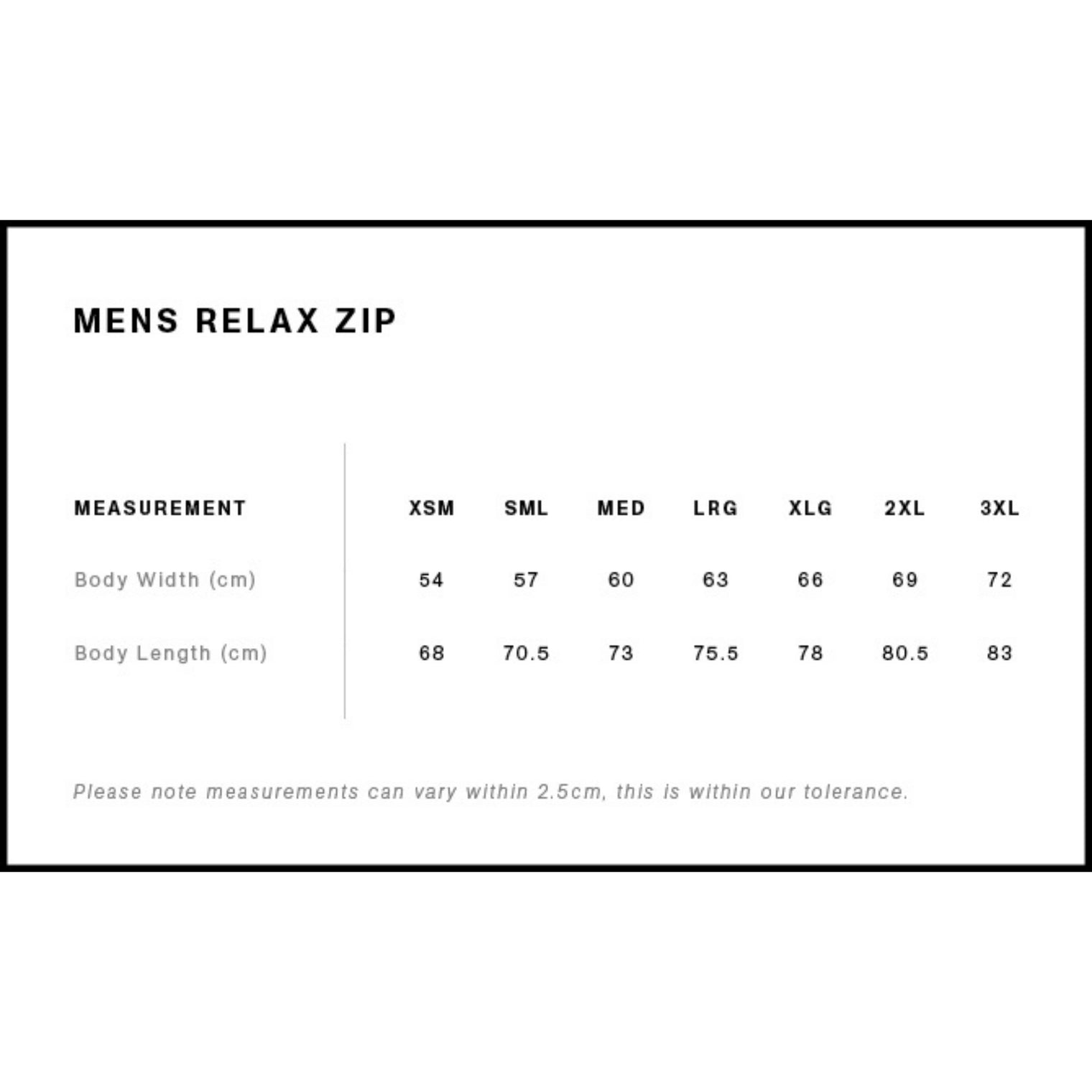 Measurement chart for 'Mens Relax Zip' clothing with size dimensions.