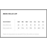 Measurement chart for 'Mens Relax Zip' clothing with size dimensions.