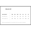 Size chart for 'Relax Zip' clothing with measurement details.