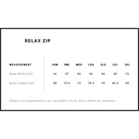 Size chart for 'Relax Zip' clothing with measurement details.