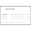 Measurement chart for a heavy zip hood garment with size labels.