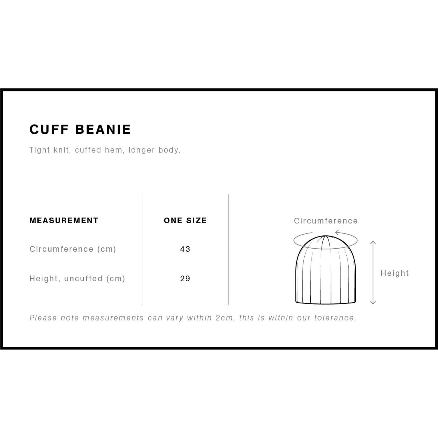 Measurement chart for a cuff beanie on a white background