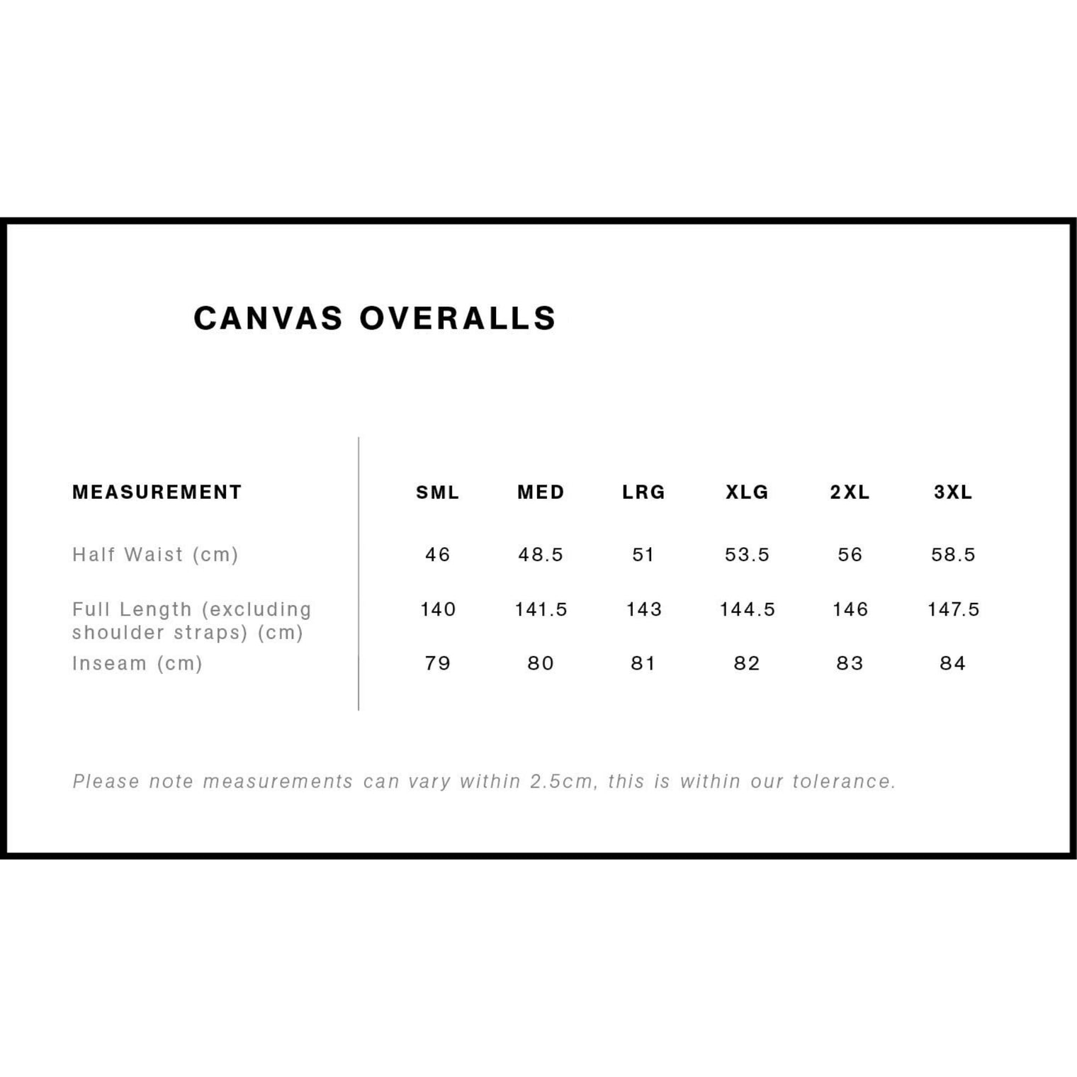 Canvas Overalls size chart with measurements in centimeters
