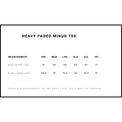 Size chart for 'Heavy Faded Minus Tee' with measurements in centimeters.