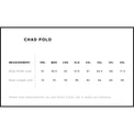 Measurement chart for 'Chad Polo' clothing with size chart in centimeters.
