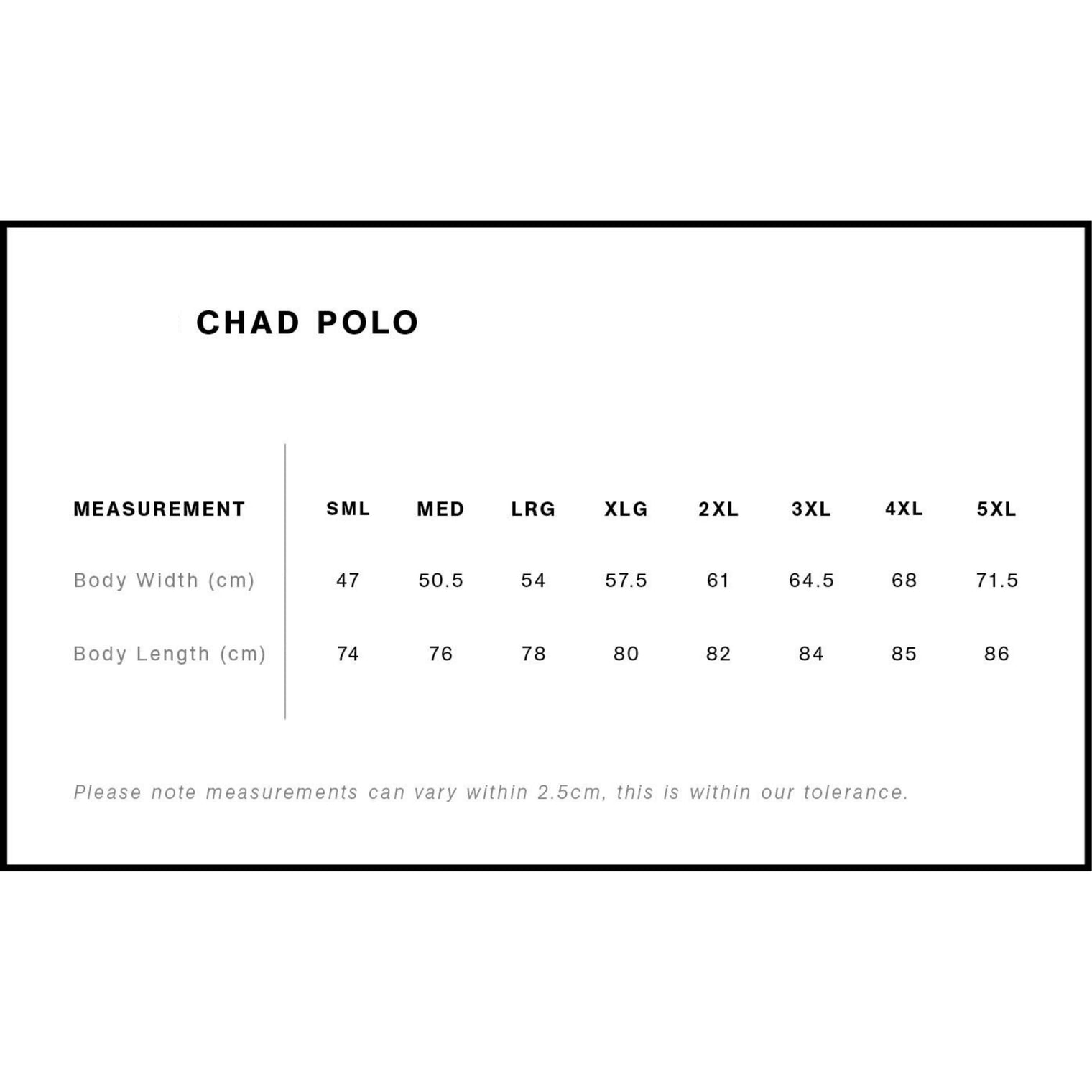 Measurement chart for 'Chad Polo' clothing with size chart in centimeters.