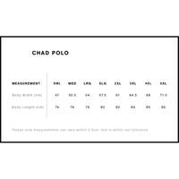 Measurement chart for 'Chad Polo' clothing with size chart in centimeters.