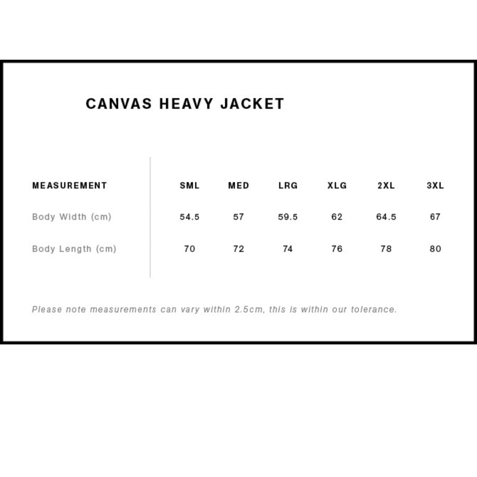 Measurement chart for Mens Canvas Heavy Jacket on a white background
