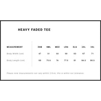 Measurement chart for 'Heavy Faded Tee' with body width and length dimensions.