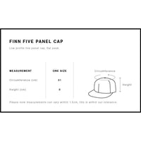 Measurement chart for Finn Five Panel Cap with cap illustration and dimensions.