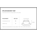 Measurement chart for a nylon bucket hat with specifications on circumference and height.