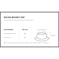 Measurement chart for a nylon bucket hat with specifications on circumference and height.