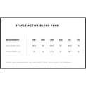 Measurement chart for Staple Active Blend Tank with size options and dimensions.