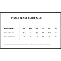 Measurement chart for Staple Active Blend Tank with size options and dimensions.