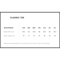 Measurement chart for a classic tee with size options and corresponding dimensions.