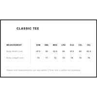 Measurement chart for a classic tee with size options and corresponding dimensions.