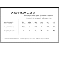 Canvas Heavy Jacket size chart with measurements for different sizes.