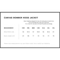 Canvas Bomber Hood Jacket size chart with measurements for different sizes.