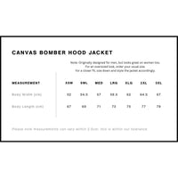 Canvas Bomber Hood Jacket size chart with measurements for different sizes.