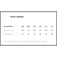 Measurement chart for Mens Tech Jacket 5526 with size chart on a white background