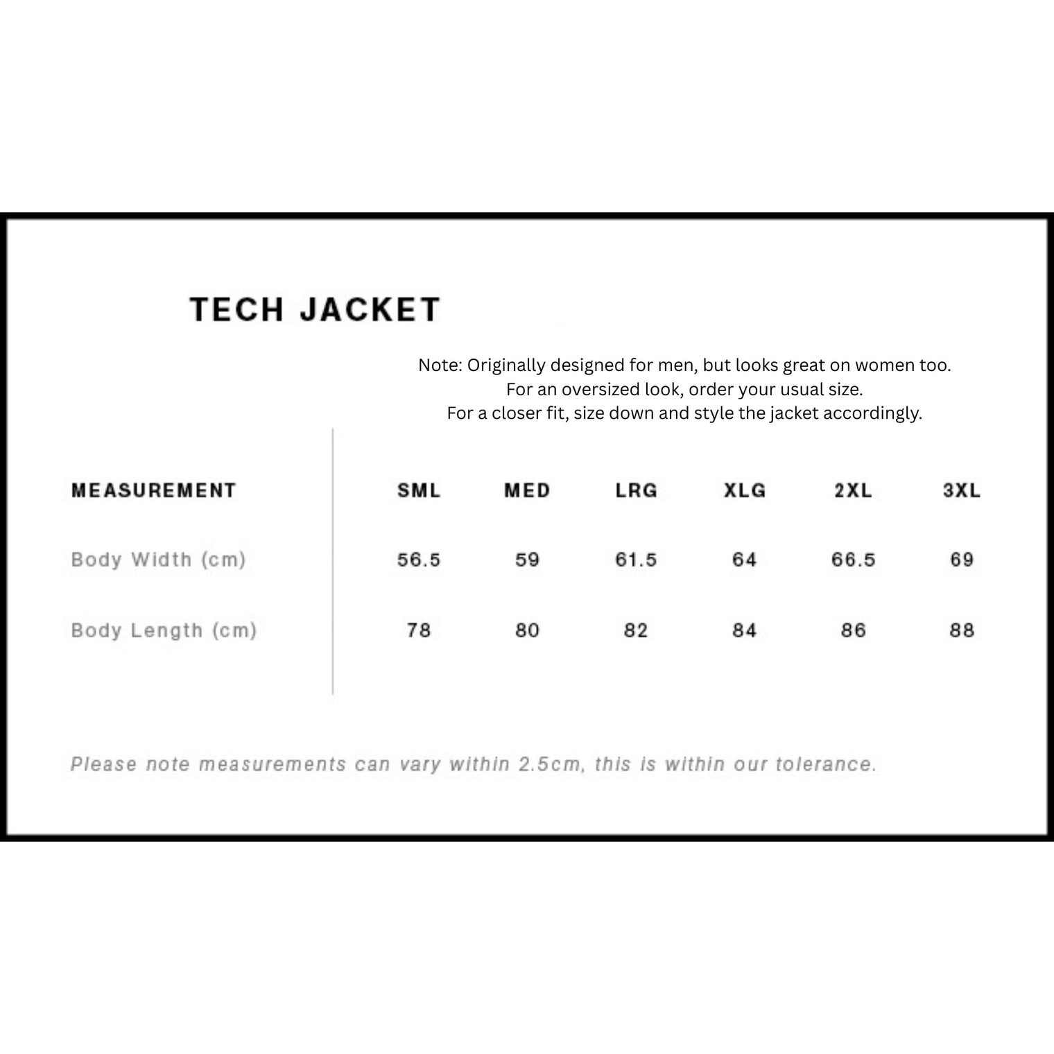 Size chart for Tech Jacket  with measurement details.