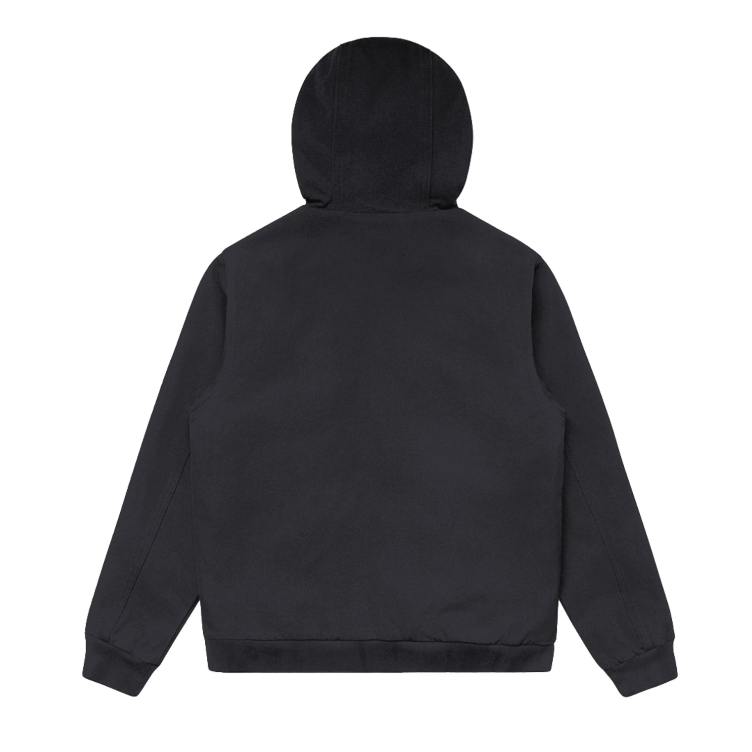 Unisex Ink Blue canvas bomber hood jacket, plain back view showing hood  