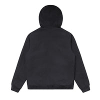 Unisex Ink Blue canvas bomber hood jacket, plain back view showing hood  