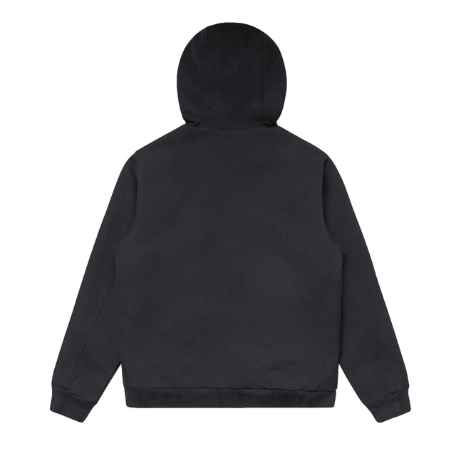 Unisex Ink Blue canvas bomber hood jacket, plain back view showing hood  