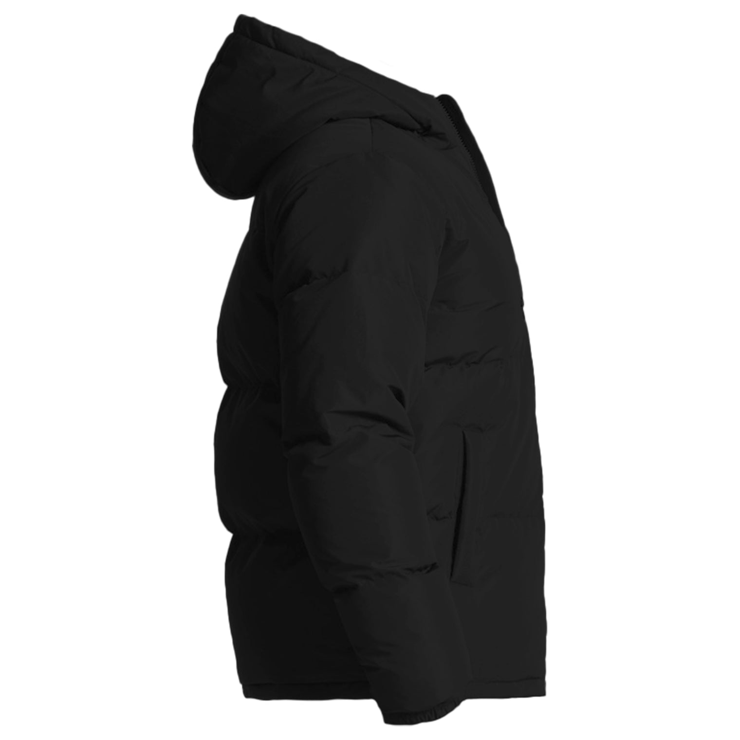 Unisex black hooded puffer jacket with Fragffiti crown embroidery on left chest, side view