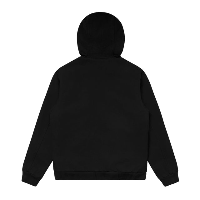 Unisex Black canvas bomber hood jacket, plain back view showing hood 