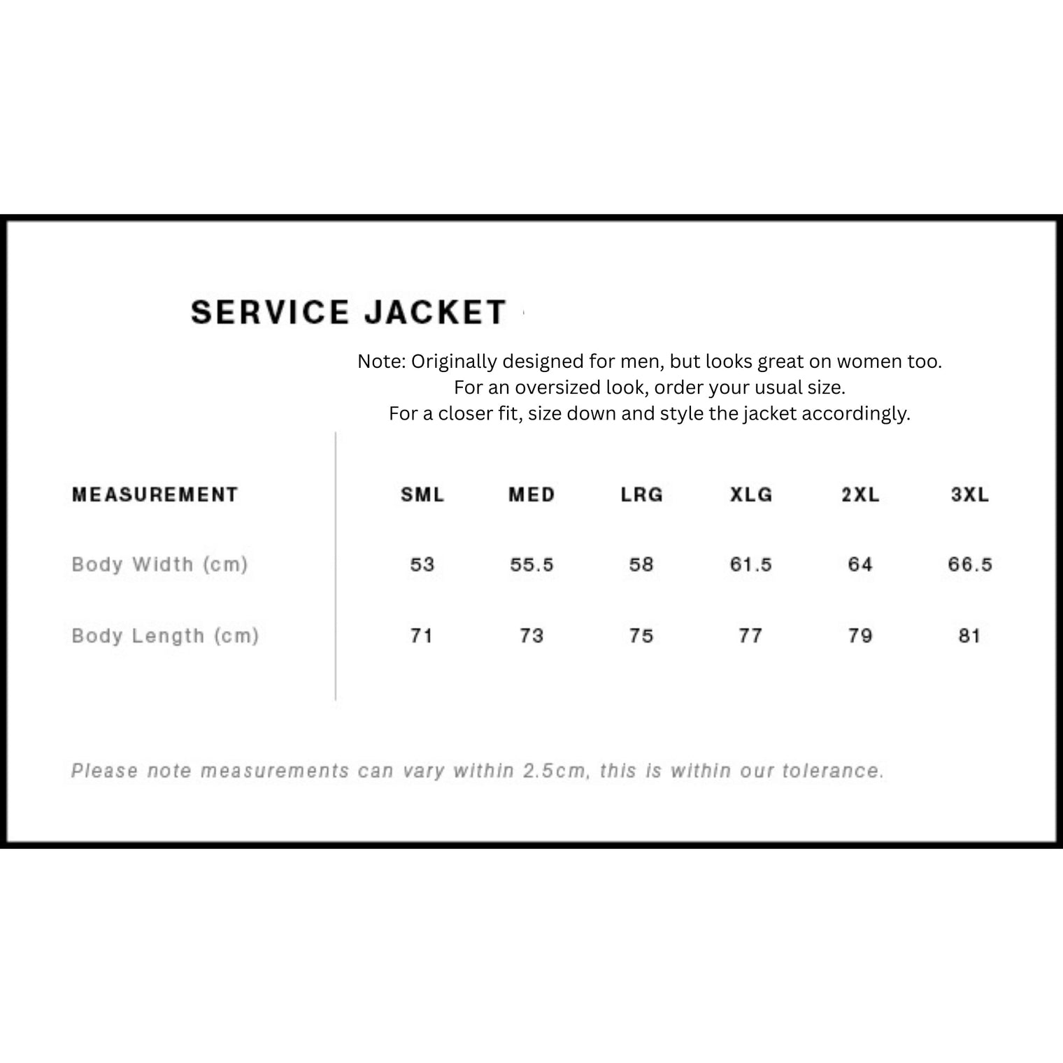 Size chart for Service Jacket with measurements in centimeters.