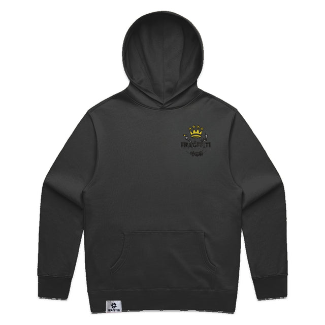 Men’s relax hood in black with crown embroidery (front)