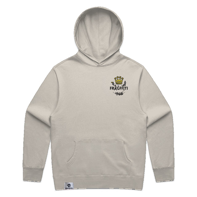 Men’s relax hood in bone with crown embroidery (front)