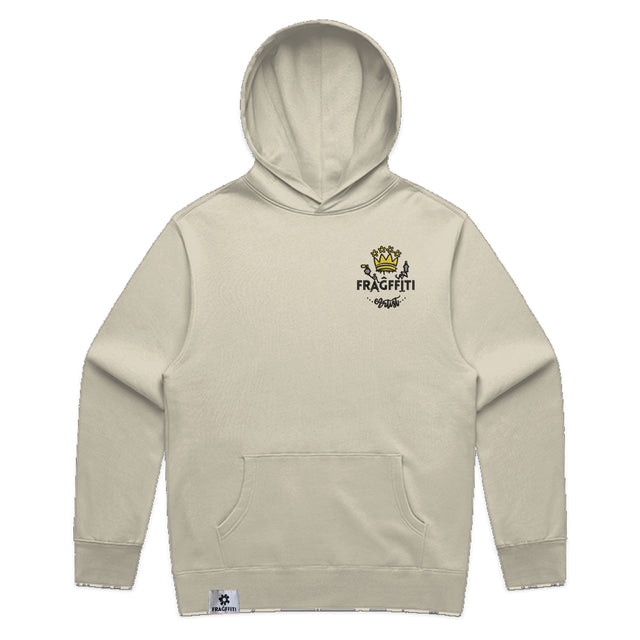 Men’s relax hood in butter with crown embroidery (front)