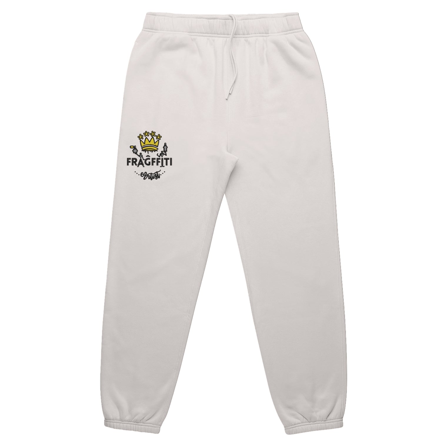 Mens relax track pants in bone with crown embroidery (front)