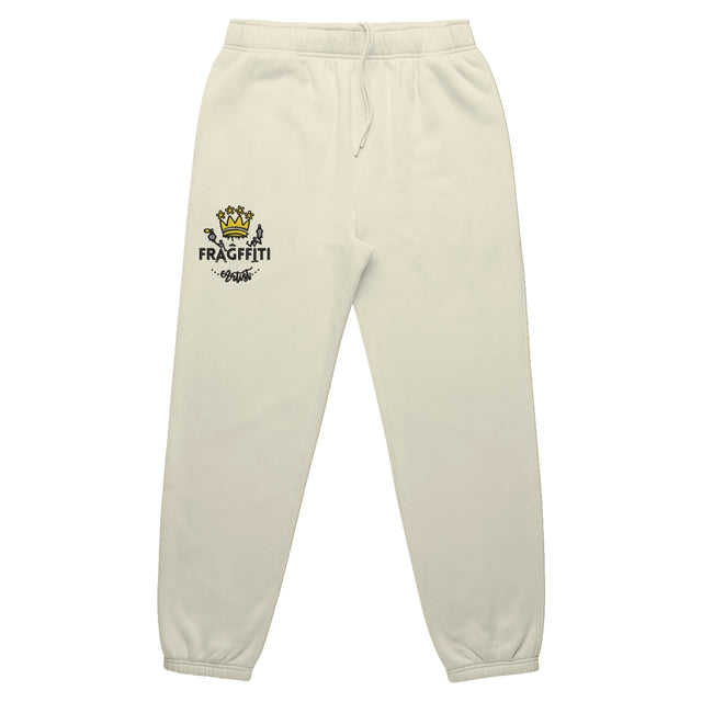 Mens relax track pants in butter with crown embroidery (front)
