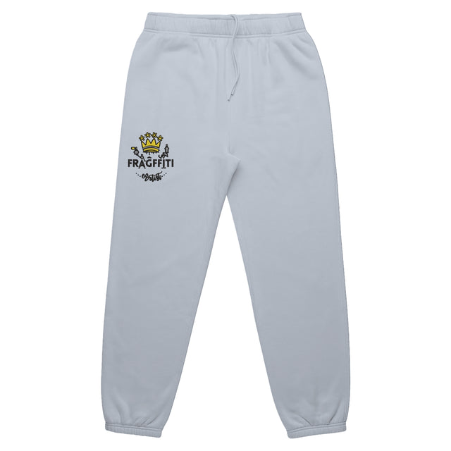 Mens relax track pants in powder with crown embroidery (front)