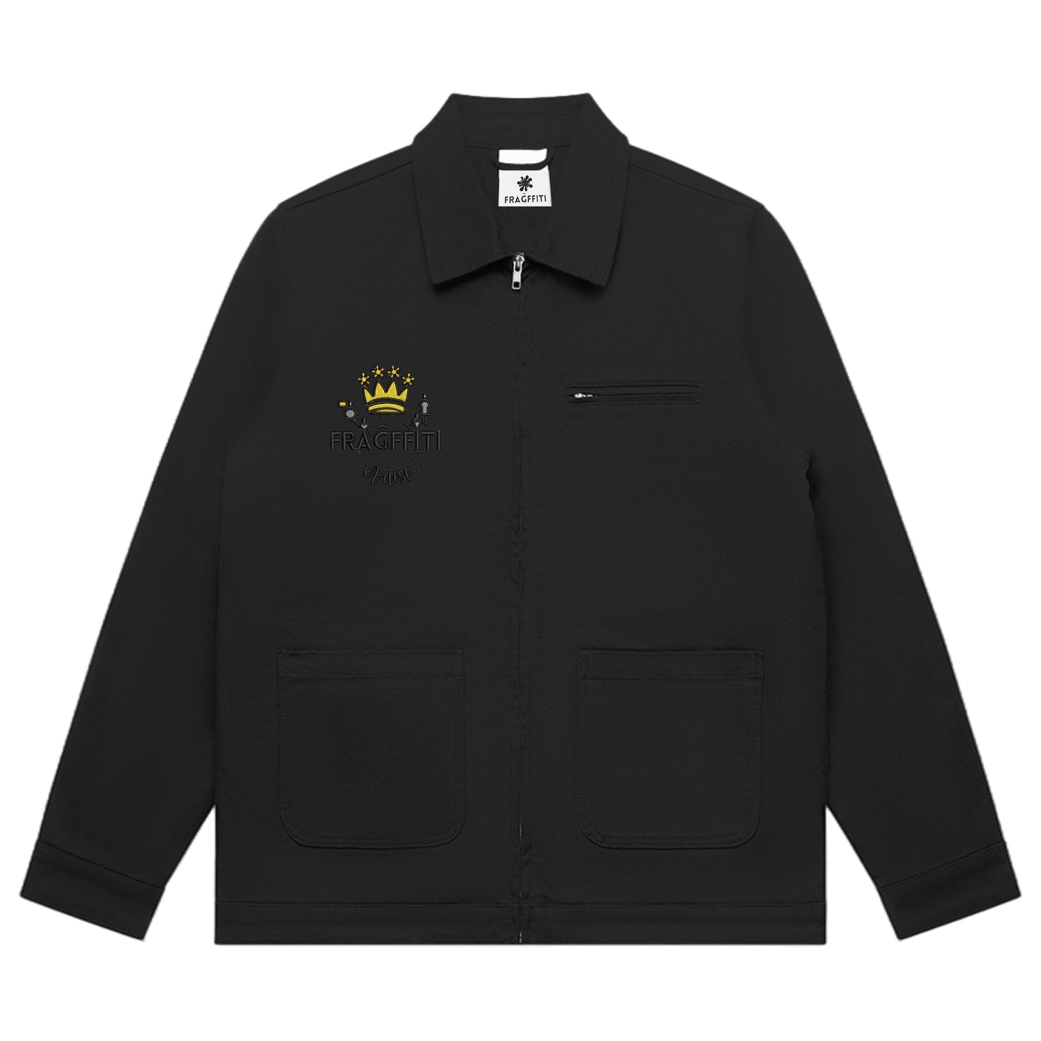 Unisex canvas heavy jacket in black with crown embroidery (front view)