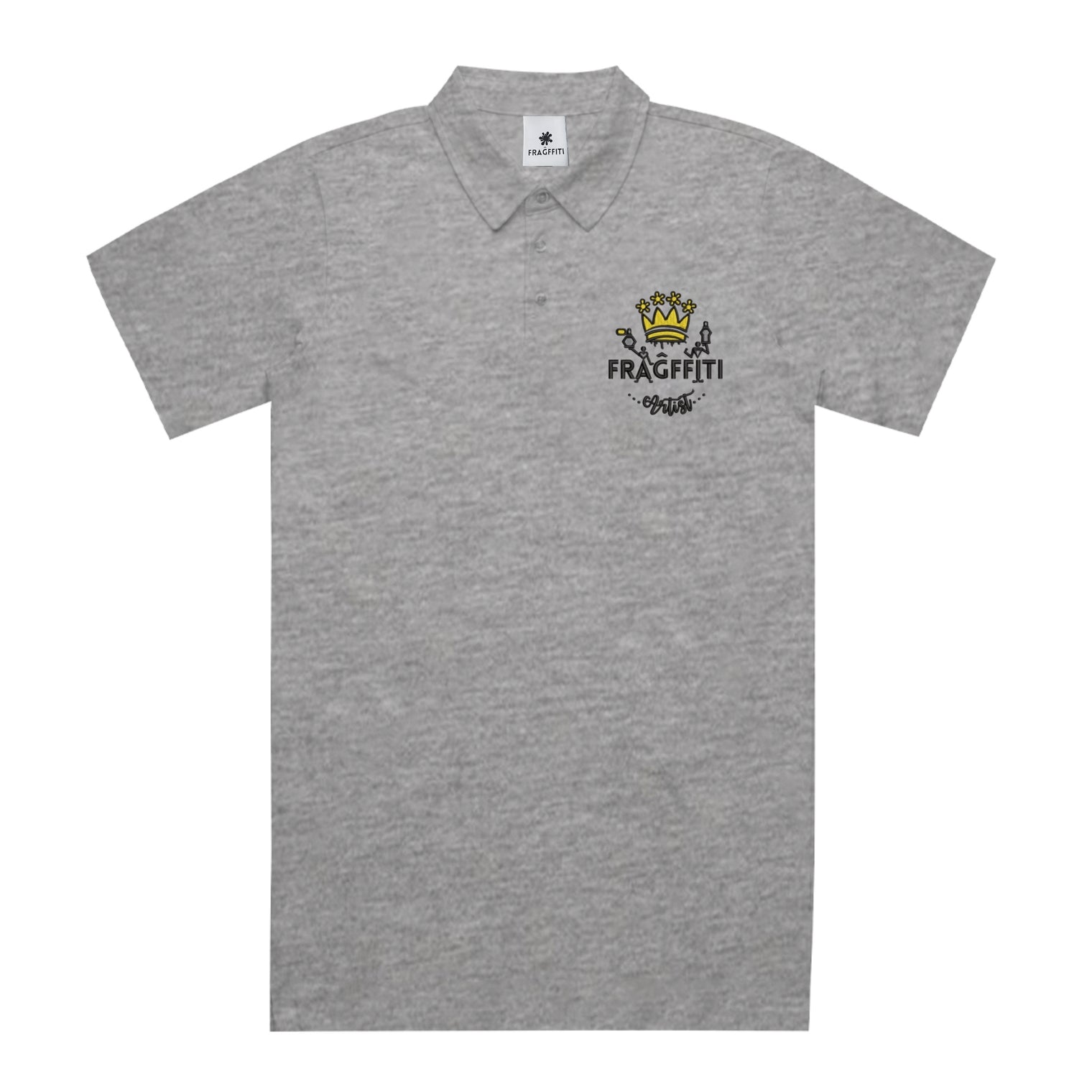 Unisex Chad Polo in Athletic Heather with Fragfitti™ crown embroidery, front view.