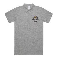 Unisex Chad Polo in Athletic Heather with Fragfitti™ crown embroidery, front view.