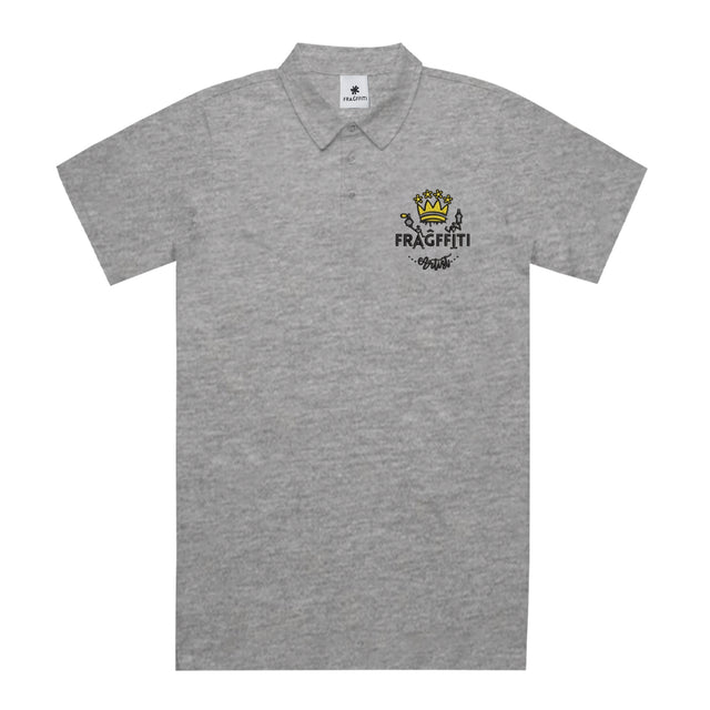Unisex Chad Polo in Athletic Heather with Fragfitti™ crown embroidery, front view.