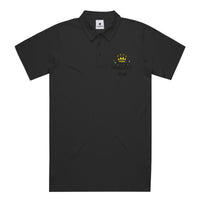 Unisex Chad Polo in Black with Fragfitti™ crown embroidery, front view.